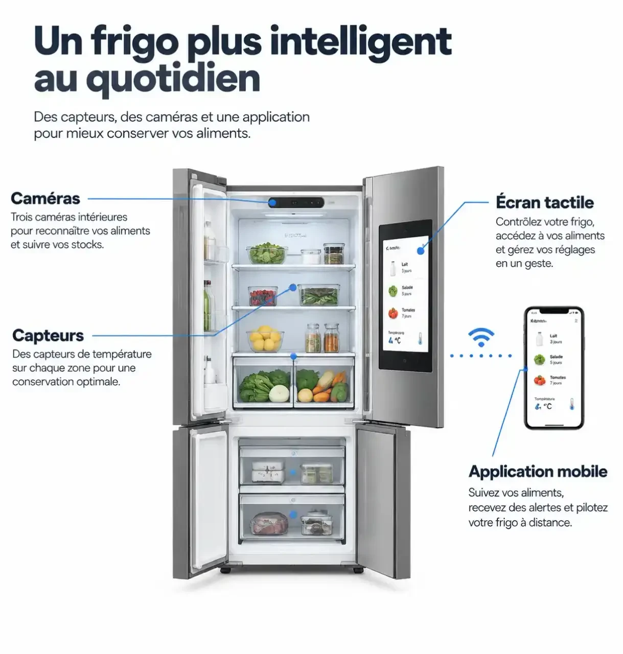 Schéma d'un frigo intelligent avec ses caméras, son écran tactile, ses capteurs et sa connexion à l'application mobile
